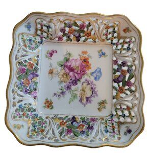 Bavaria Schumann  Reticulated Hand Cut Square Trinket Candy Dish Gold Trim Vtg